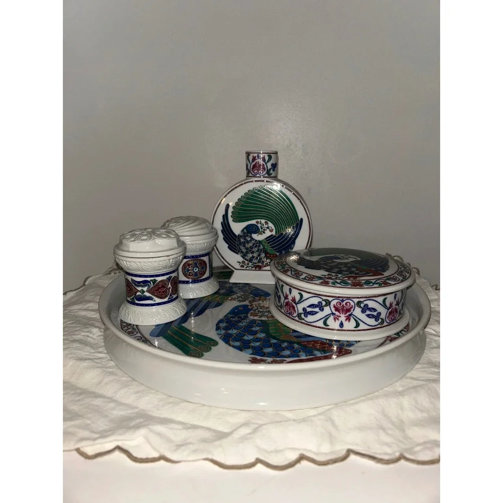 Vintage Byzantium Elizabeth Arden Peacock Vanity Set 5pc Tray Box Vase Japan